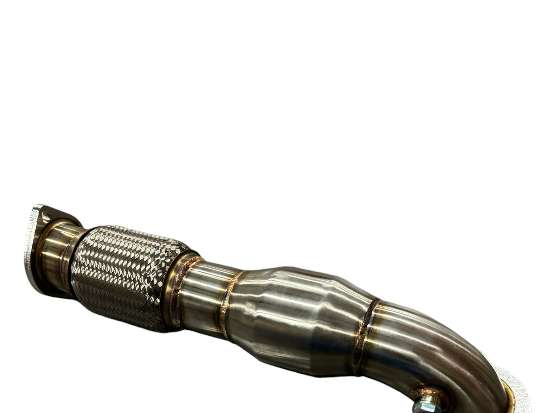 JackSpania Racing 3-inch catted downpipe for 2014+ Ford Fiesta ST, made of durable 304 stainless steel, designed for exhaust upgrade.