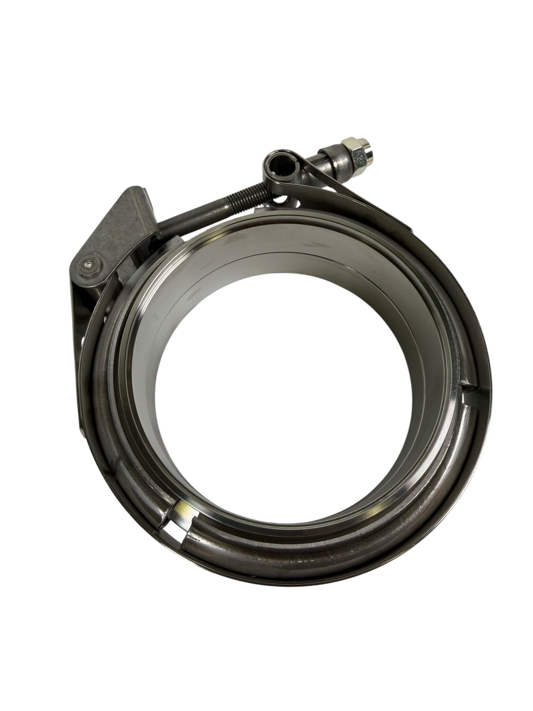 Stainless steel JackSpania Racing V-band clamp with male and female flanges, available in 2.5 to 4 inch sizes for exhaust systems.