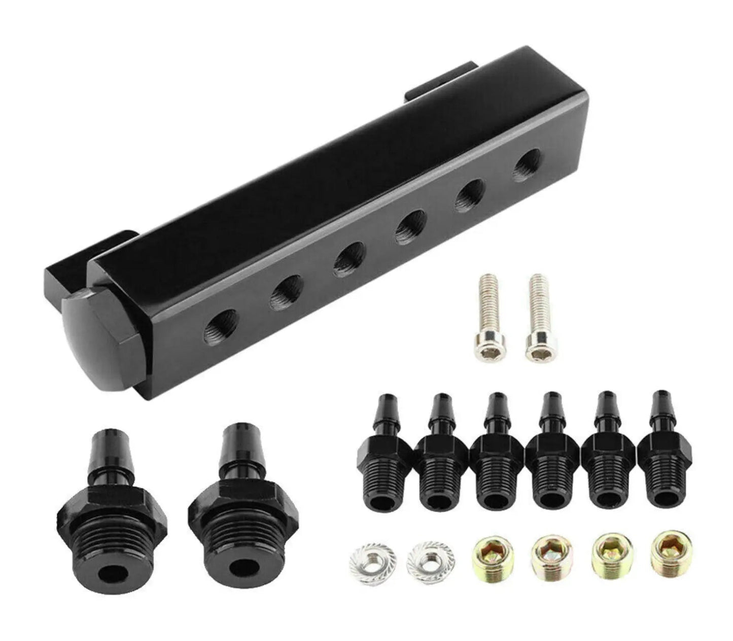 Jack Spania Racing 6-port vacuum block intake manifold kit with 1/8NPT ports for turbo and boost applications, engine parts.