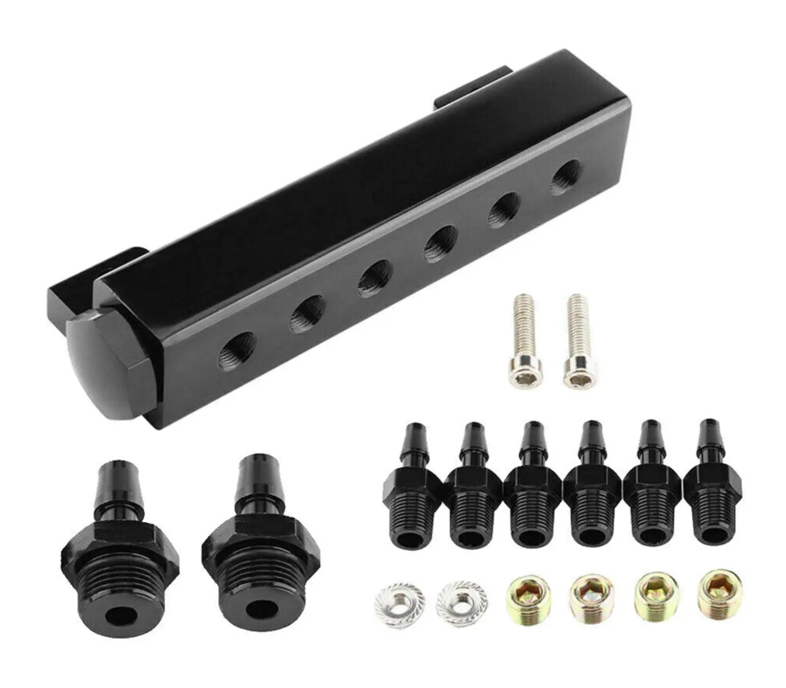 Jack Spania Racing 6-port vacuum block intake manifold kit with 1/8NPT ports for turbo and boost applications, engine parts.