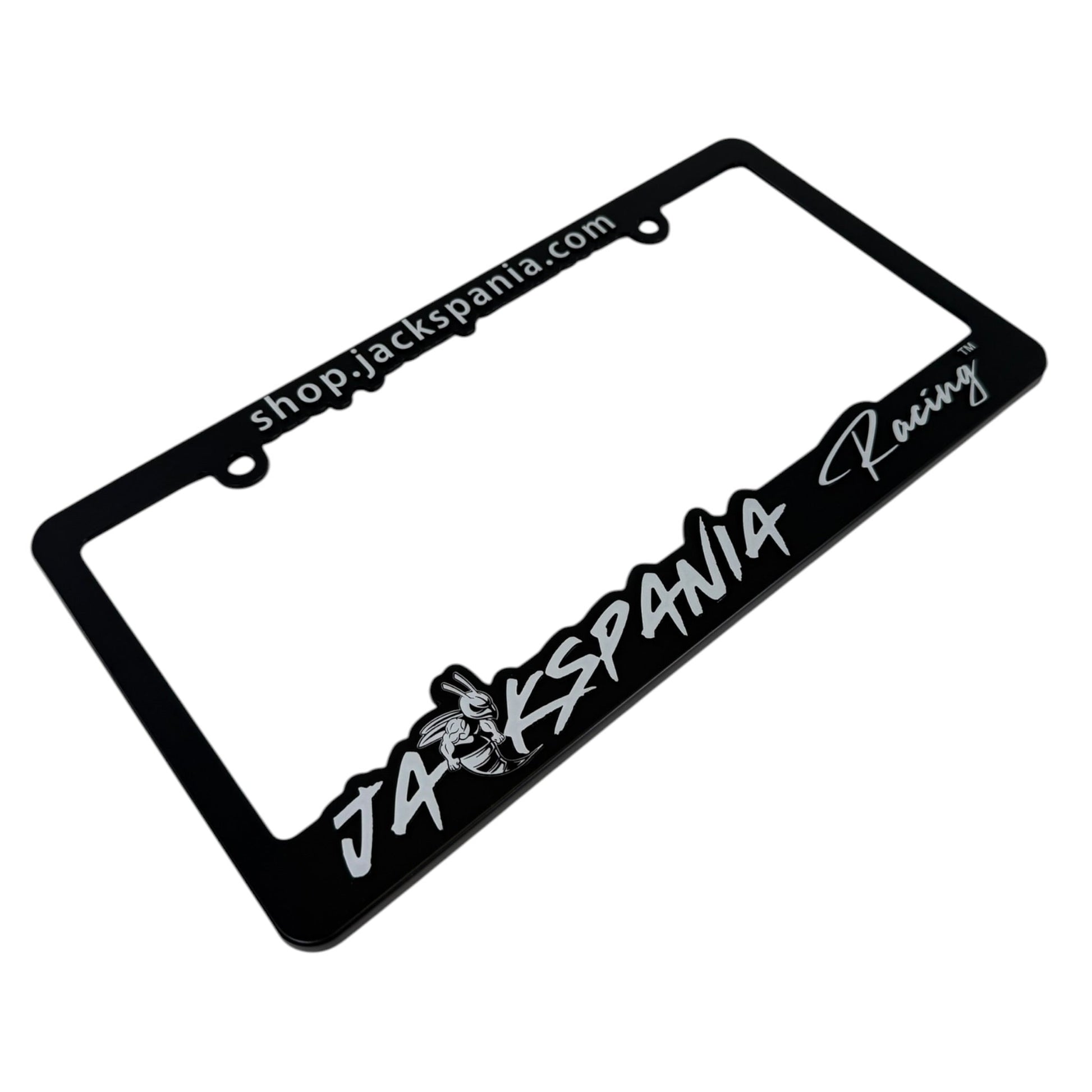 JackSpania Racing license plate cover with racing logo and bold design, made of durable material for car customization.