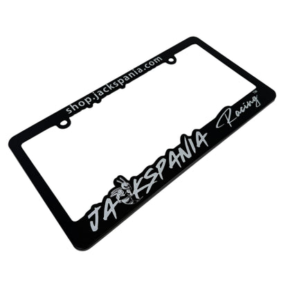 JackSpania Racing license plate cover with racing logo and bold design, made of durable material for car customization.