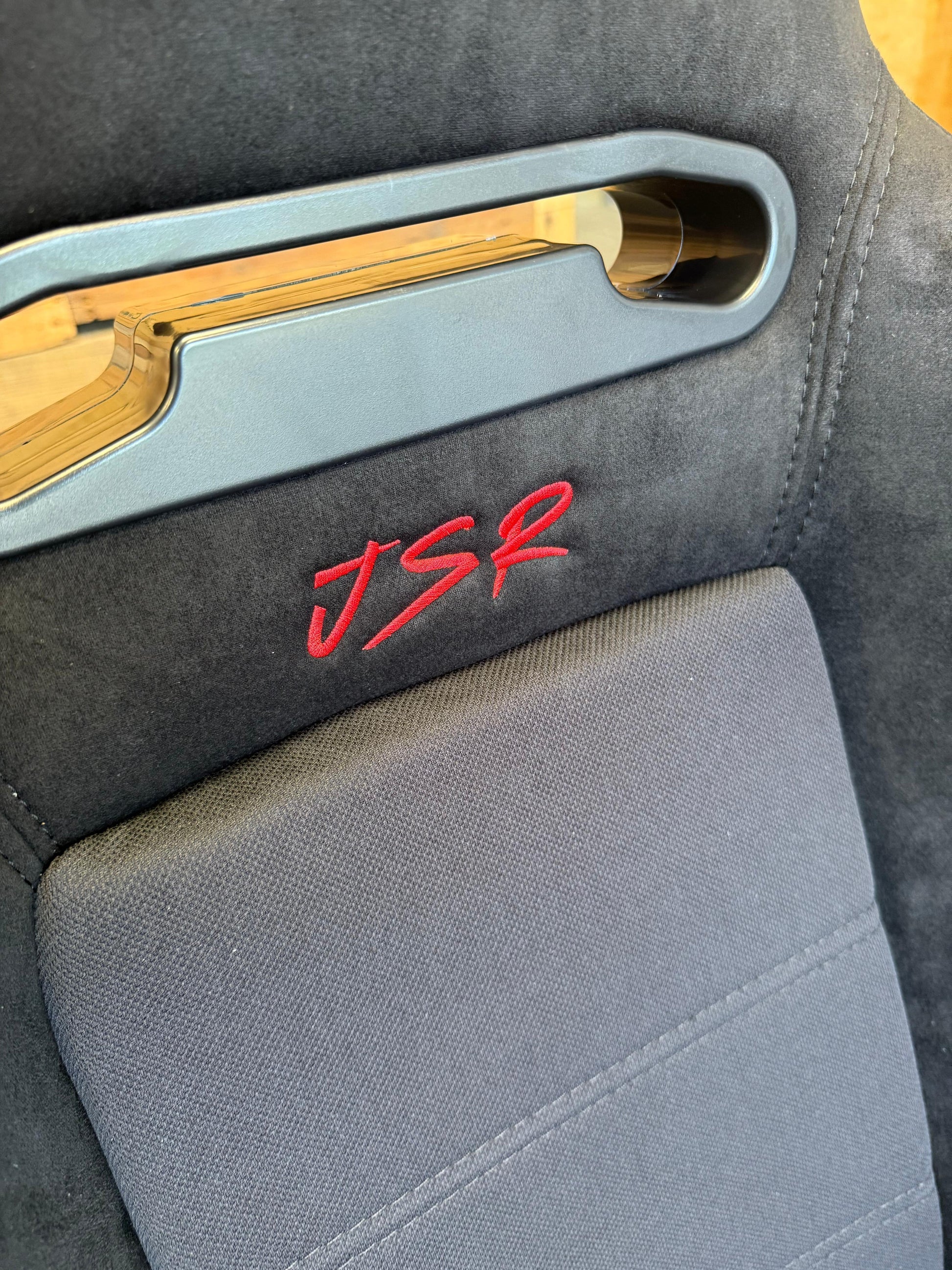Reclinable slider seats for Recaro SR3 style Civic Integra DC2 EK9 EK EG ITR CTR by JackSpania Racing, shown in side view with mounting hardware