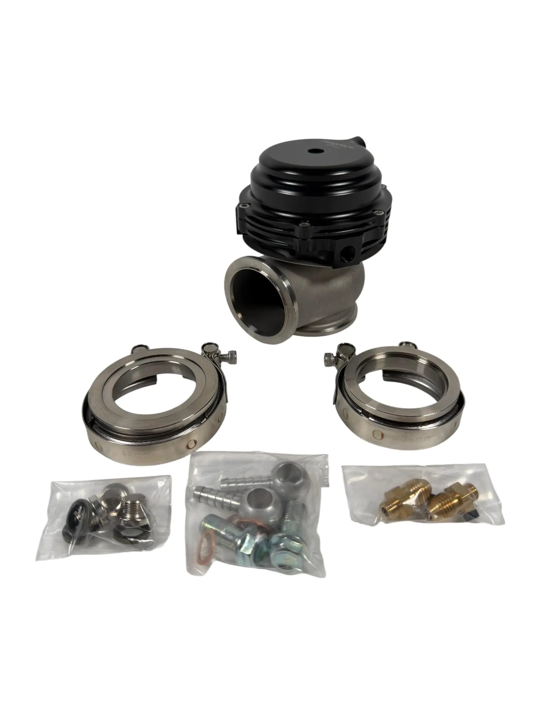 Jack Spania Racing JSR 44mm external wastegate with MV-R V-Band flange for turbo engine setups, showing the metal component and flange details.