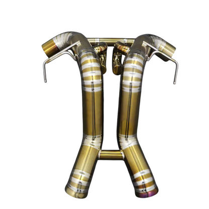 JackSpania Racing titanium exhaust system for McLaren 570S, 620R, and 540C F1 Race supercars, shown in close-up of exhaust pipes.