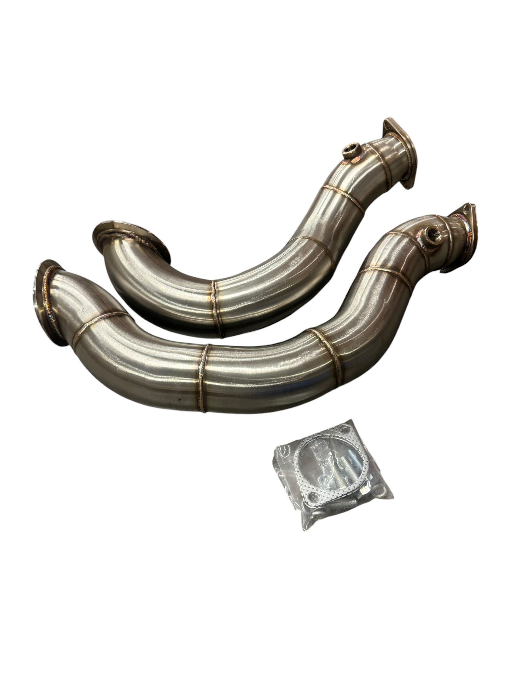 Stainless steel exhaust downpipe for BMW 135i and 335i E90 E92 N54 engines, from JackSpania Racing, with 3-inch diameter pipes.