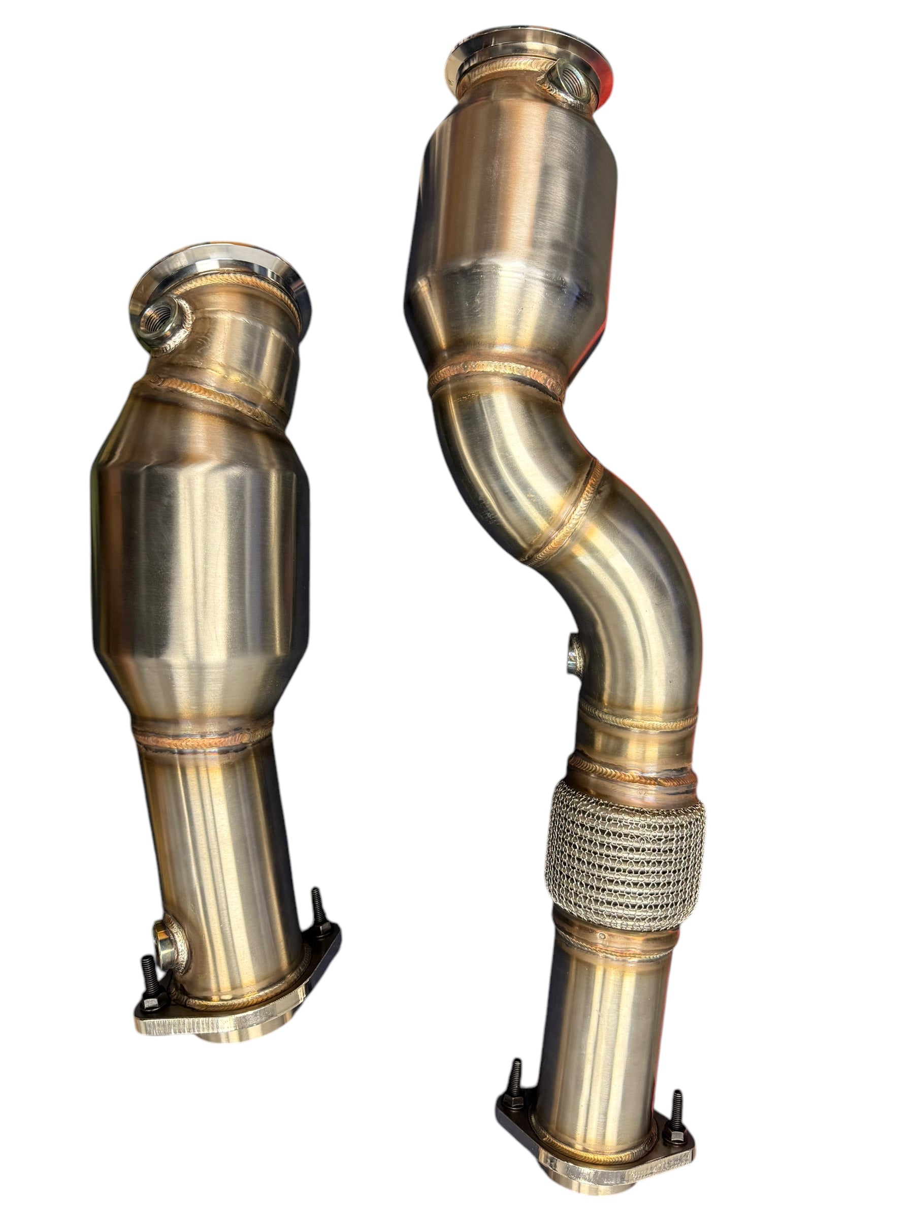 BMW S58 M2 G80 M3 G82 M4 G87 M2 high flow downpipes with cats, racing exhaust parts by JackSpania Racing, metal and ceramic components.