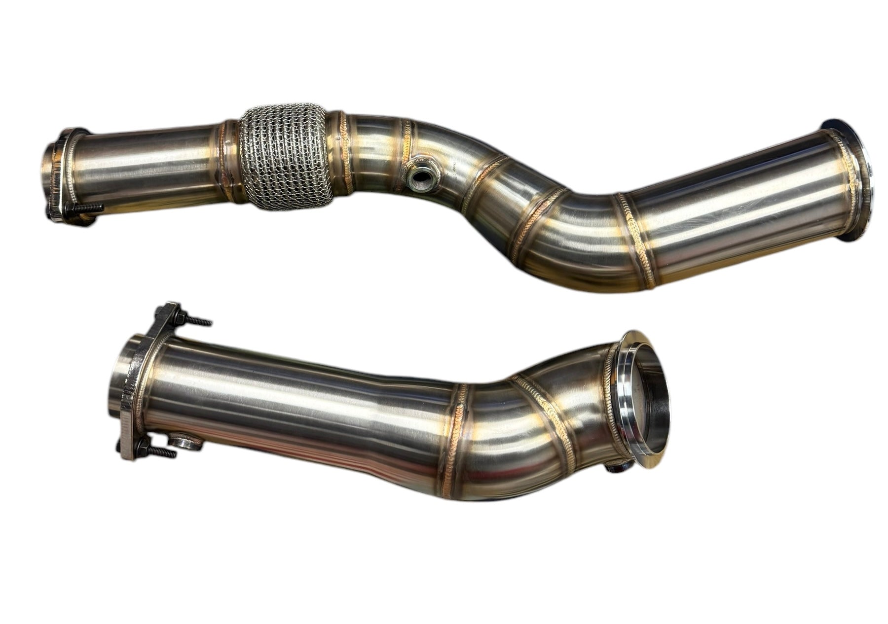 BMW S58 M2 G80 M3 G82 M4 G87 M2 high flow non-catted downpipes by JackSpania Racing, showing sleek exhaust pipe details.