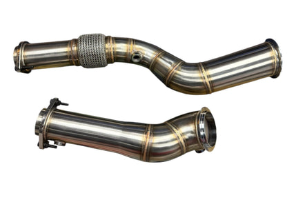 BMW S58 M2 G80 M3 G82 M4 G87 M2 high flow non-catted downpipes by JackSpania Racing, showing sleek exhaust pipe details.
