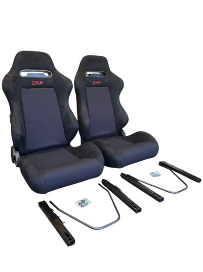 Reclinable slider seats for Recaro SR3 style Civic Integra EK9 EK3 EK4 ITR CTR, JackSpania Racing drivetrain parts in black with mounting hardware.