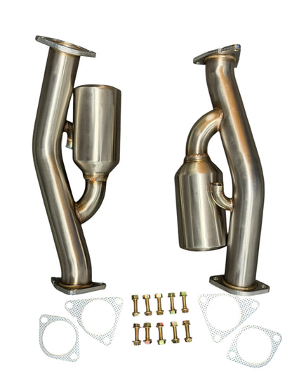Nissan 350Z/370Z and Infiniti G35/G37 resonated catless Helmholtz downpipe test pipe by JackSpania Racing, showing metal construction and fittings.