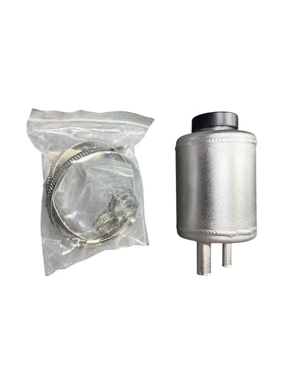 Jack Spania Racing billet aluminum power steering tank reservoir with cap, universal suspension part, metallic finish, and mounting features.