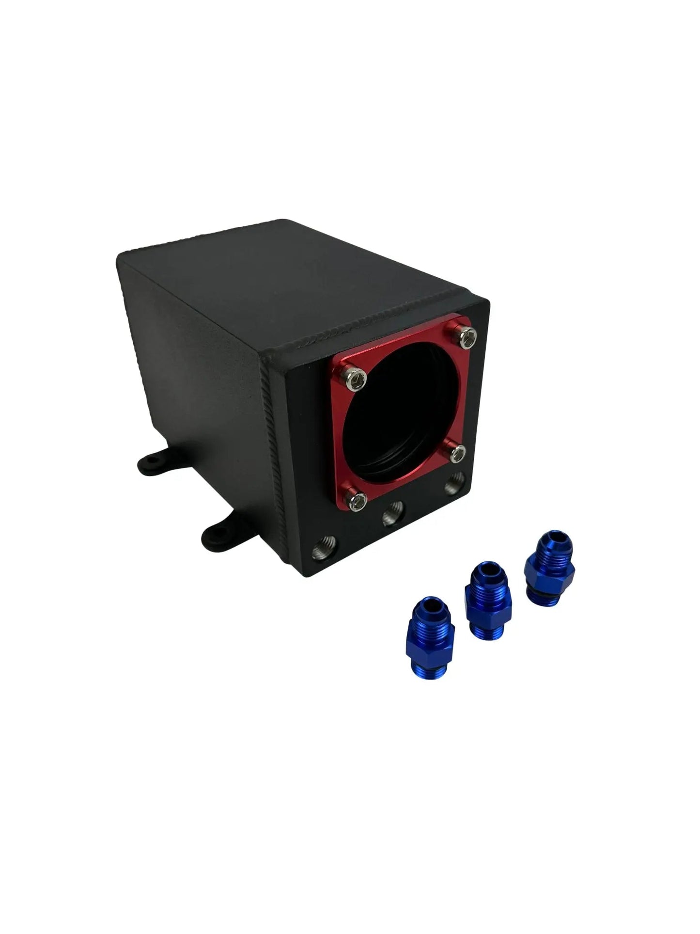 Jack Spania Racing billet aluminum Bosch 044 1L high-flow external fuel pump surge tank with integrated 6AN fittings.