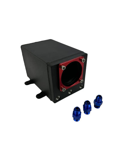 Jack Spania Racing billet aluminum Bosch 044 1L high-flow external fuel pump surge tank with integrated 6AN fittings.
