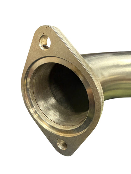 Ford Focus RS high flow catted downpipe exhaust part by JackSpania Racing, showing the metallic pipe with catalytic converter section.