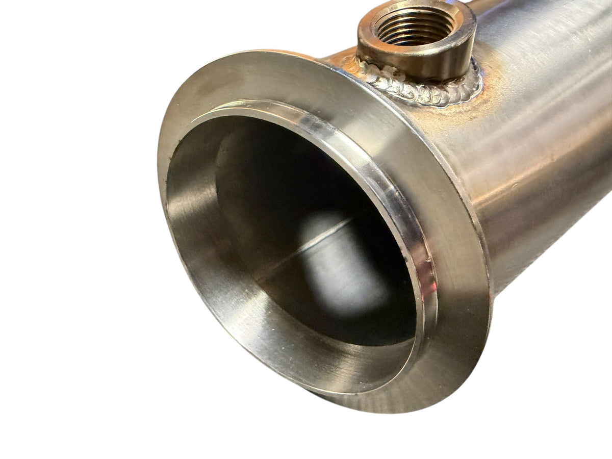 JackSpania Racing downpipe for 2019+ BMW F97 X3M and F98 X4M S58 3.0T exhaust down pipe, showing metal construction and connection points.