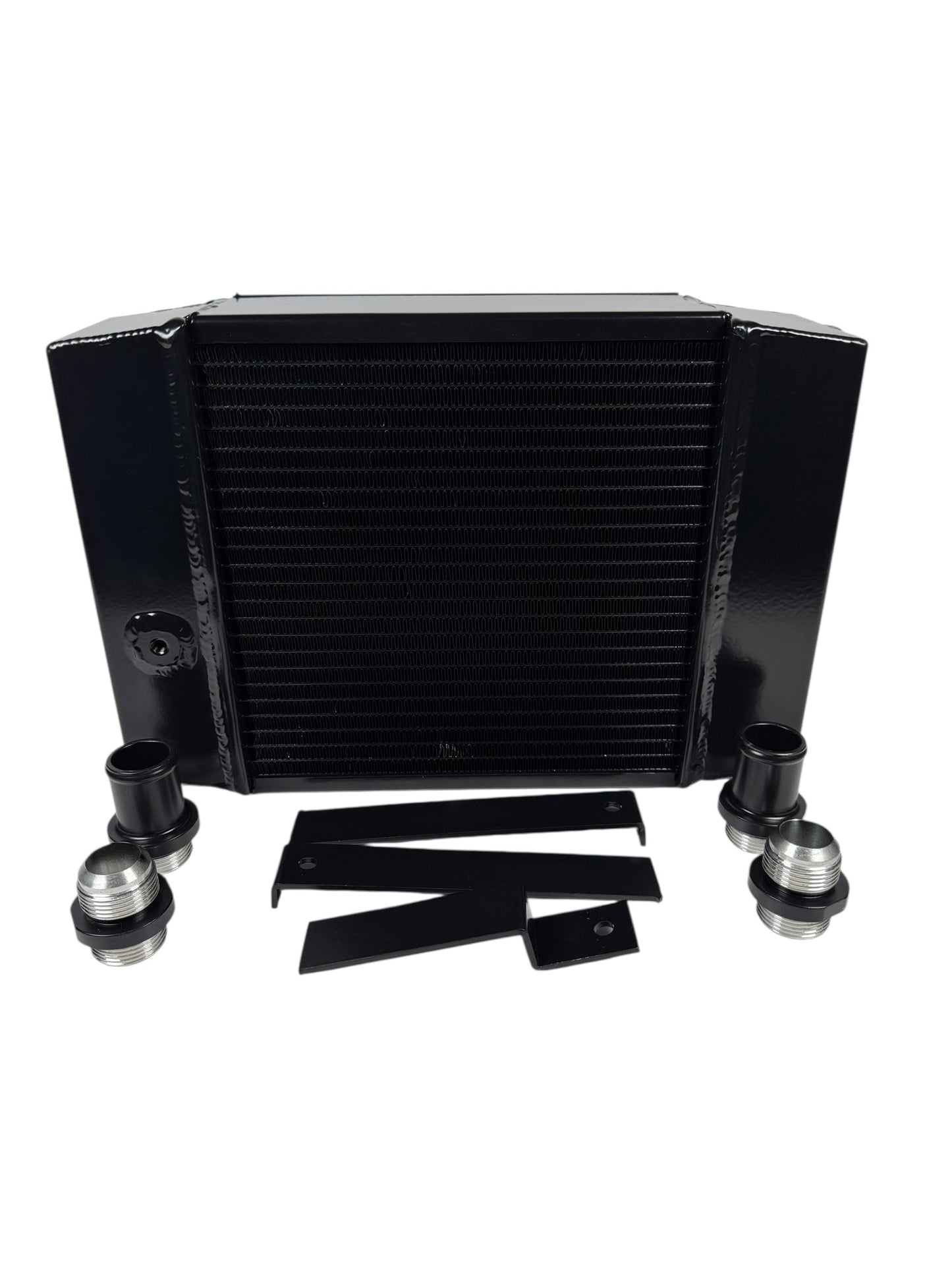 JackSpania Racing half-size compact drag tuck coolant radiator with 1.25-inch 16AN fittings and 4-row core for engine cooling.