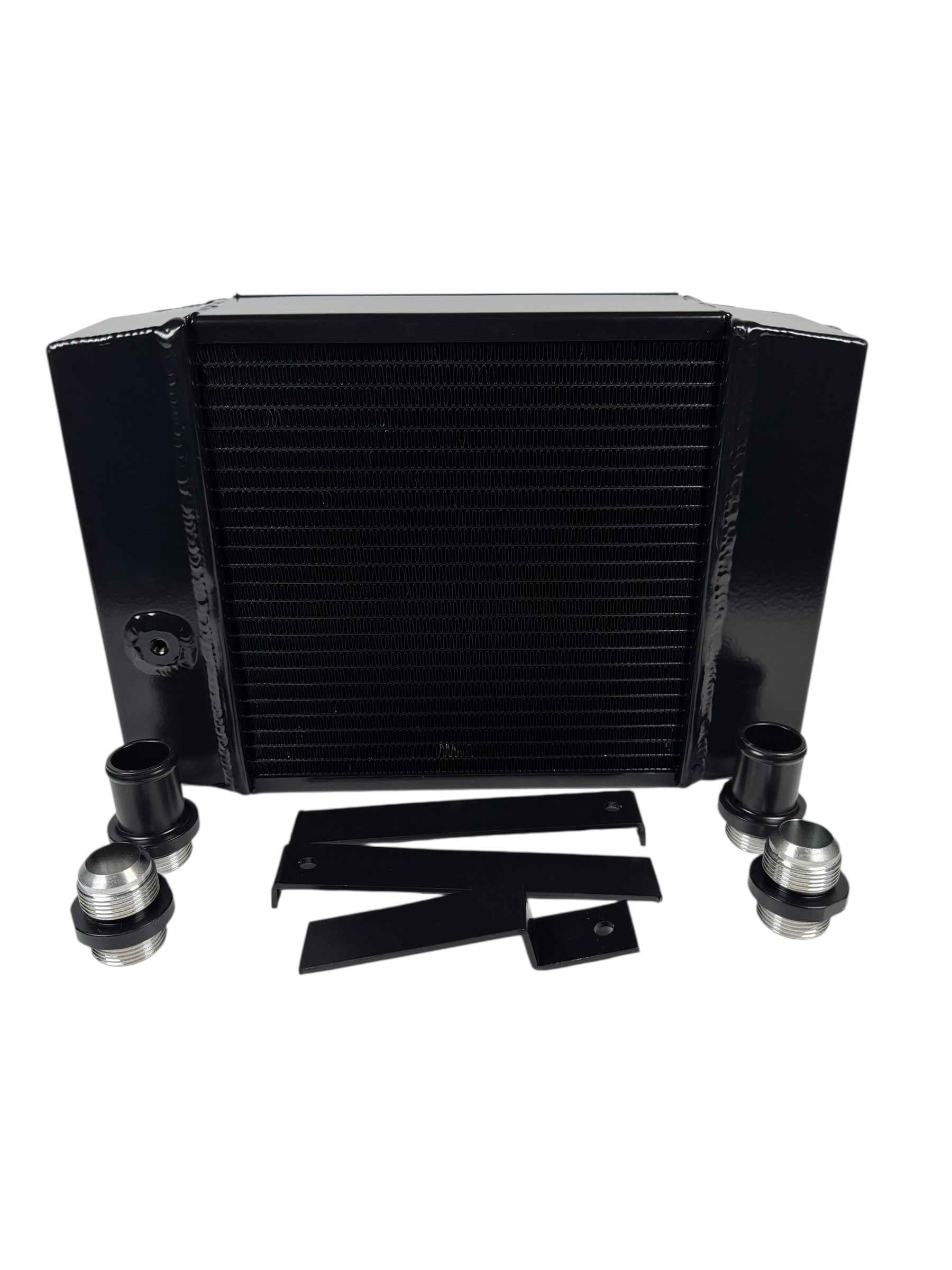 JackSpania Racing half-size compact drag tuck coolant radiator with 1.25-inch 16AN fittings and 4-row core for engine cooling.