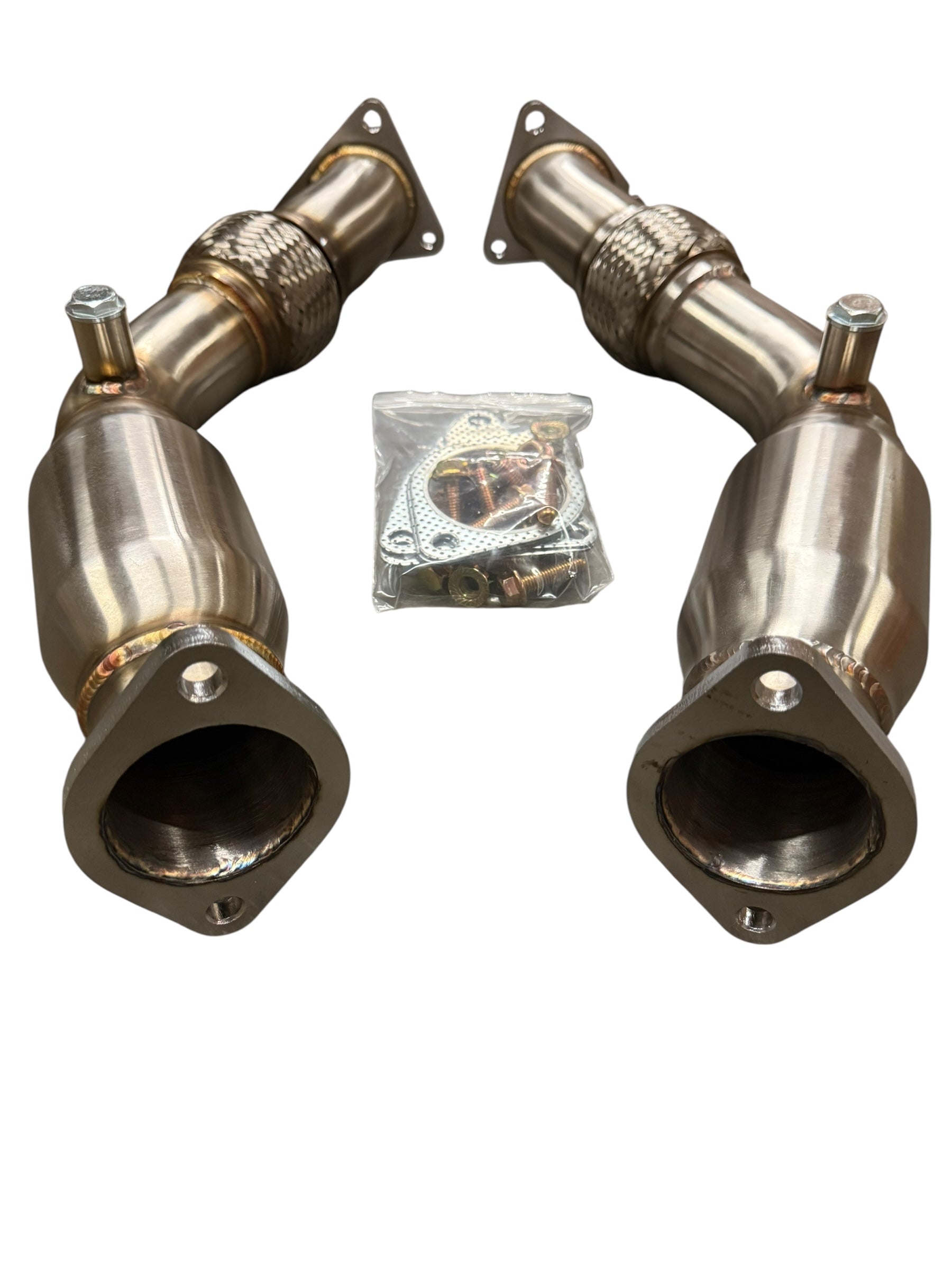 JackSpania Racing resonated catless Helmholtz downpipe for Nissan 350Z/370Z and Infiniti G35/G37 exhaust parts, shown in image.