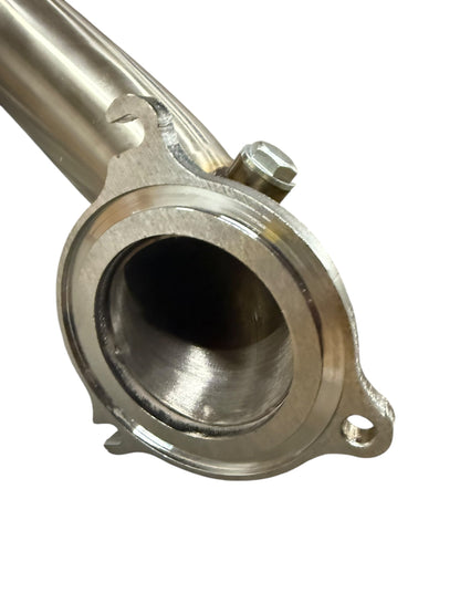 JackSpania Racing 3-inch stainless steel downpipe for Ford Fiesta ST 2014+ exhaust upgrade, showing the polished 304SS pipe.