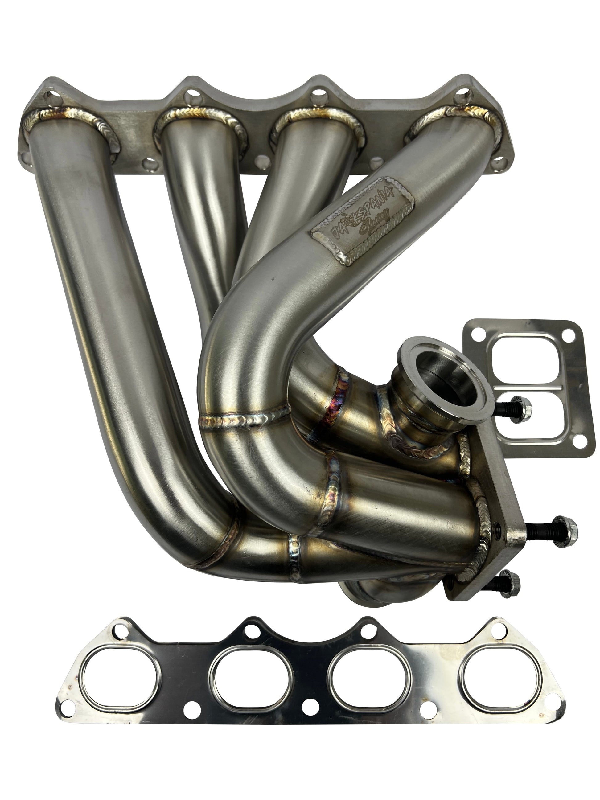 JackSpania Racing B Series turbo manifold for B16, B18, B20; front-facing, T4 flange, 44mm exhaust ports, high-performance exhaust part.