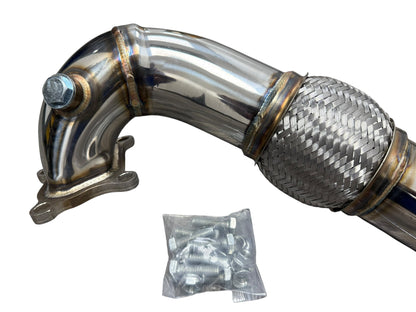 JackSpania Racing 3-inch catless exhaust downpipe for Mazda 3 Speed3 2.3L turbocharged DISI engine, showing the metal pipe with flanges.