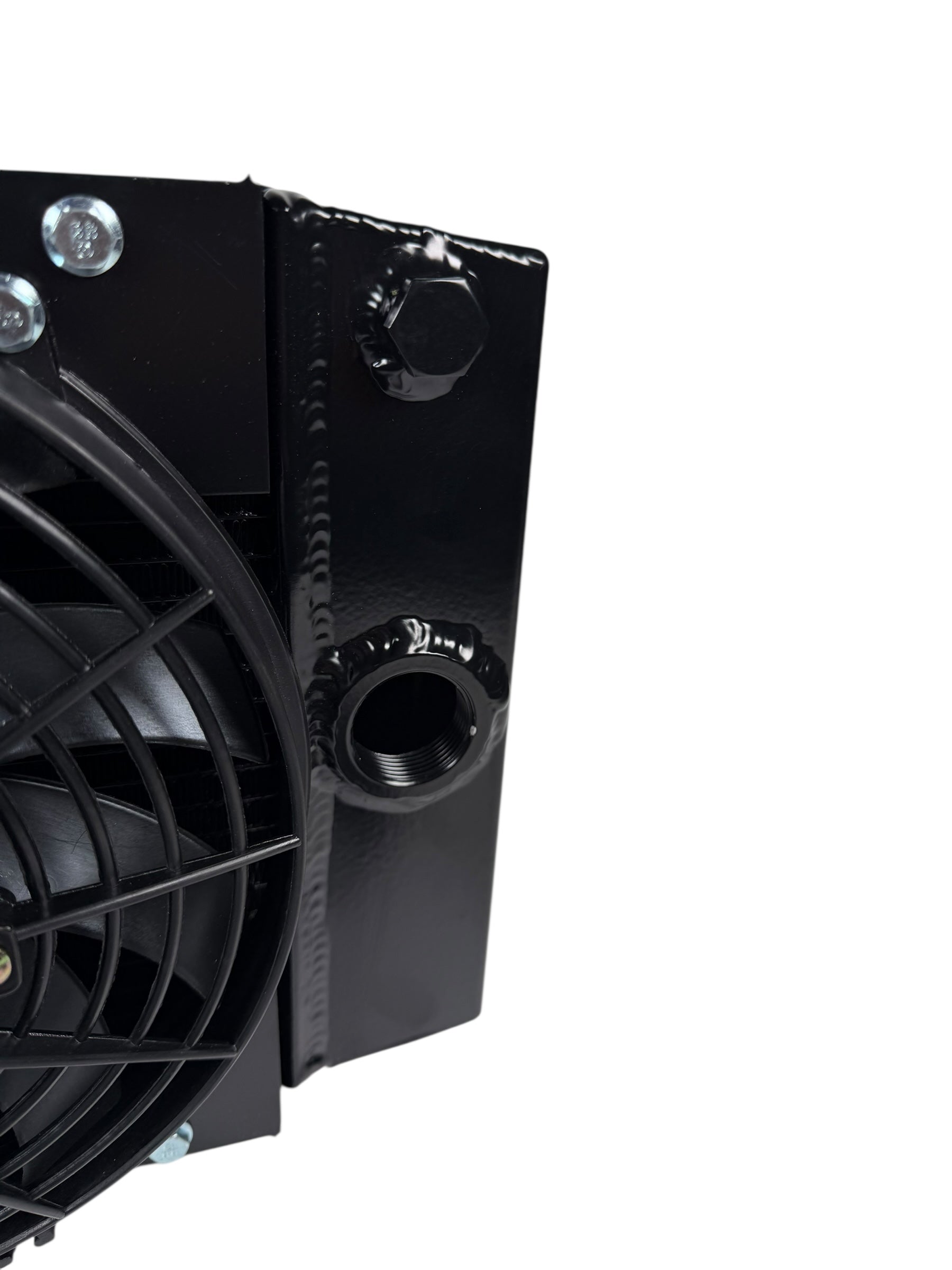 JackSpania Racing half-size compact drag coolant radiator with 4-row core, 1.25" 16AN fittings, featuring a tucked design for engine cooling.