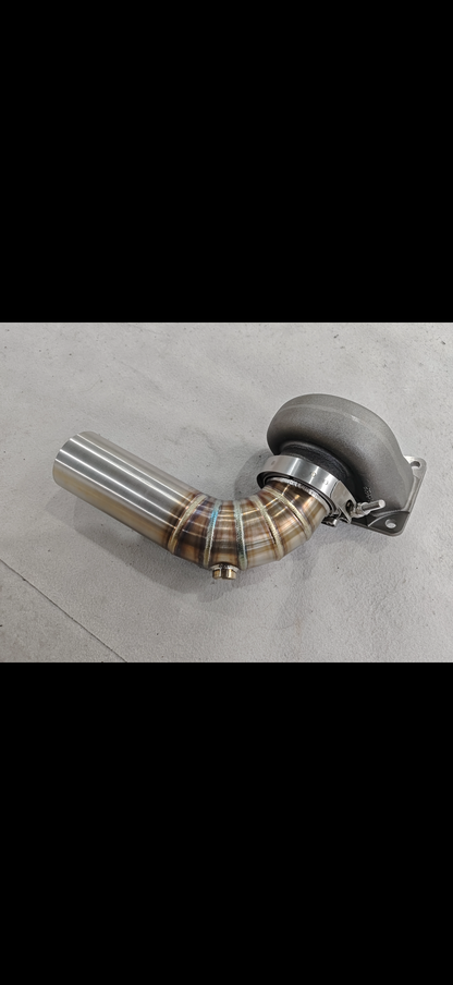JackSpania Racing 3-inch downpipe with V-band flange and O2 bung, designed for Garrett Holset and BorgWarner turbo exhaust systems.
