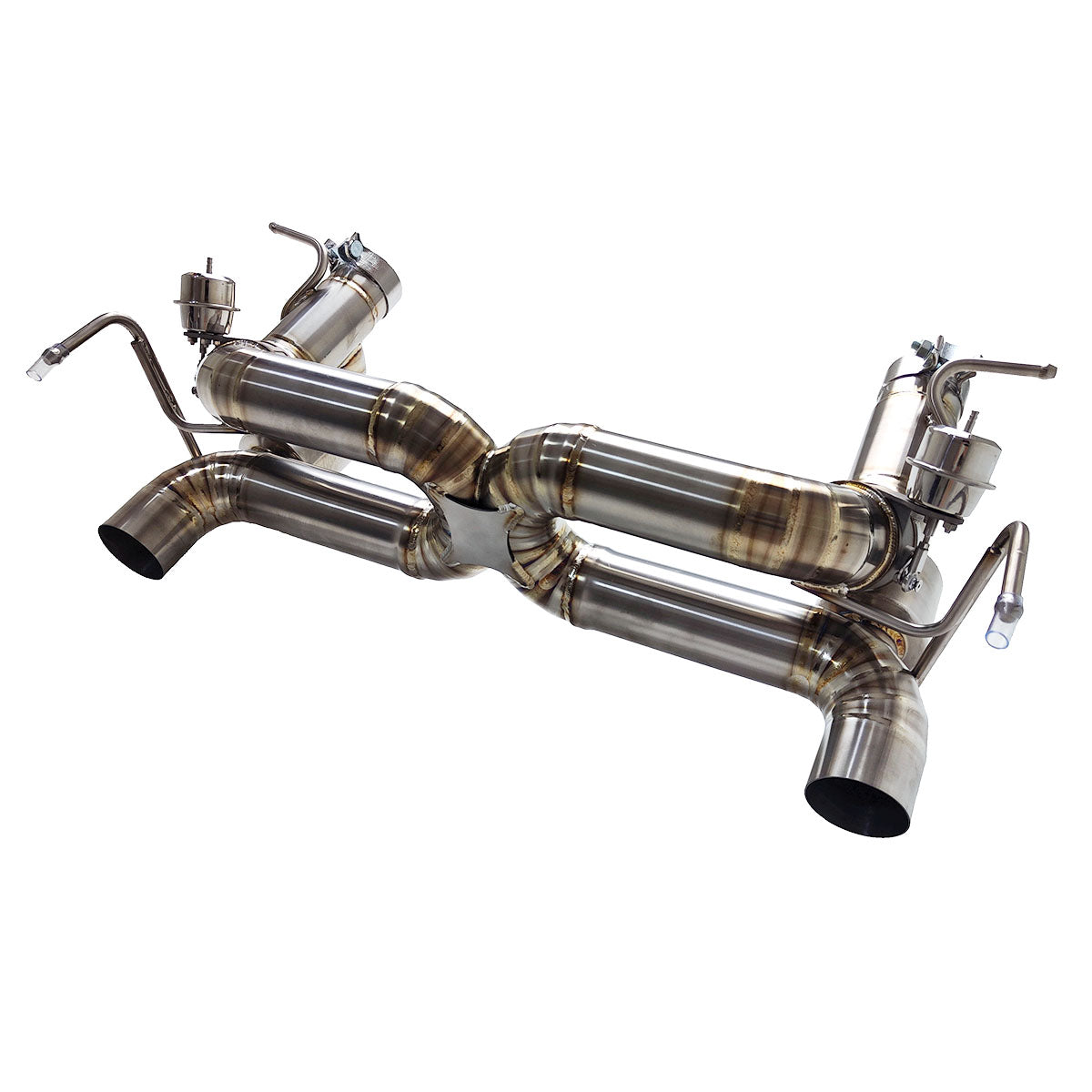 Ferrari 488 GTB titanium valved exhaust system by JackSpania Racing, showing polished titanium exhaust pipes and valves.