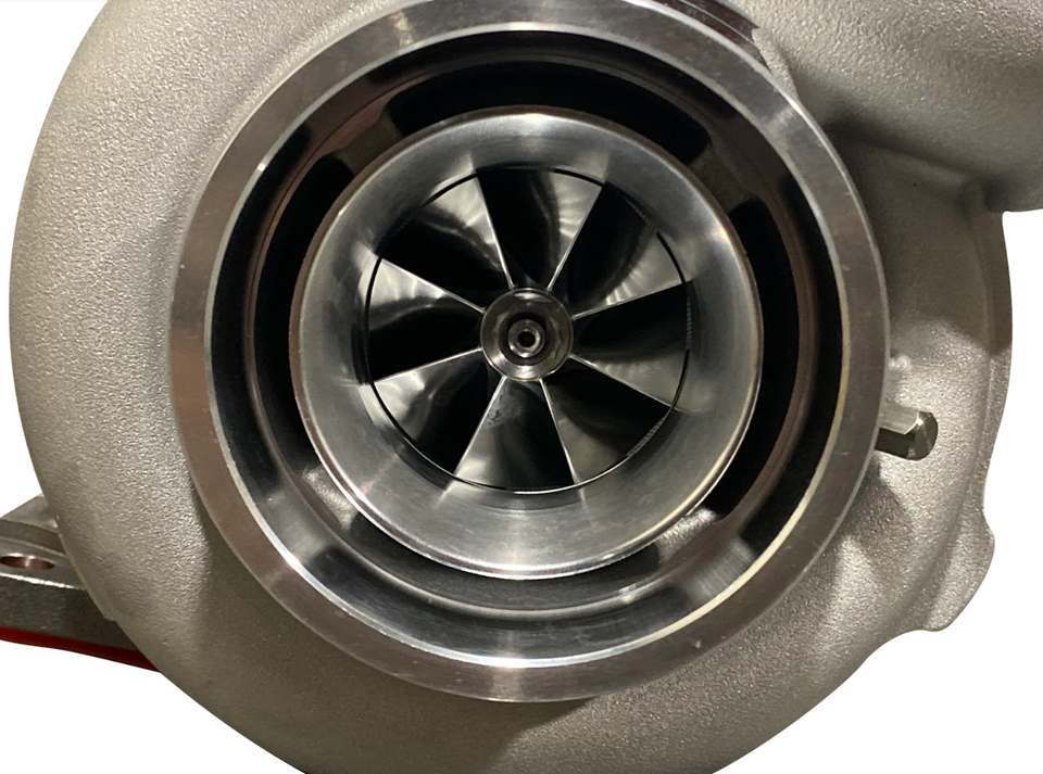 JackSpania Racing Gen 2 GT3076 GTX30 turbo billet wheel for T3 turbocharger, showing the turbine wheel and blades.