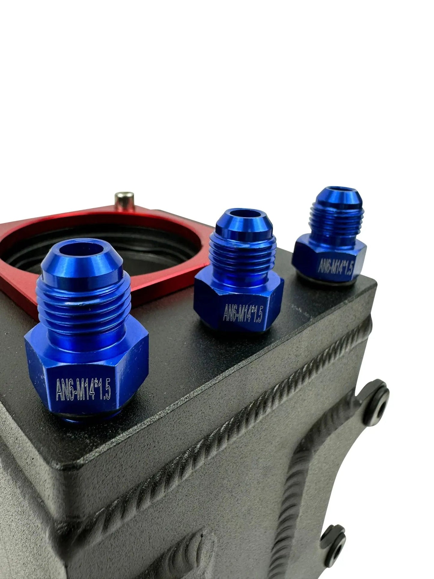 Aluminum Bosch 044 high-flow external fuel pump surge tank with 6AN fittings by Jack Spania Racing, showing polished billet construction.