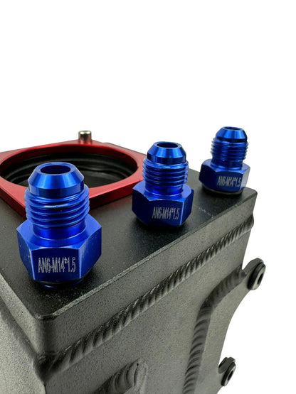 Aluminum Bosch 044 high-flow external fuel pump surge tank with 6AN fittings by Jack Spania Racing, showing polished billet construction.