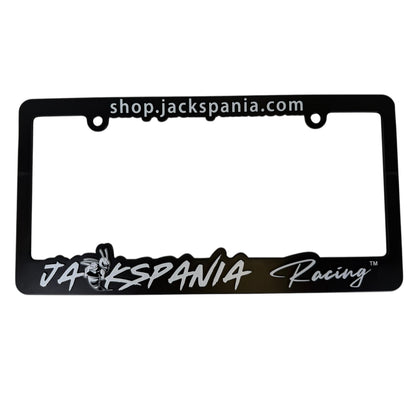JackSpania Racing license plate cover with engraved logo, black finish, designed for a sleek and sporty appearance.