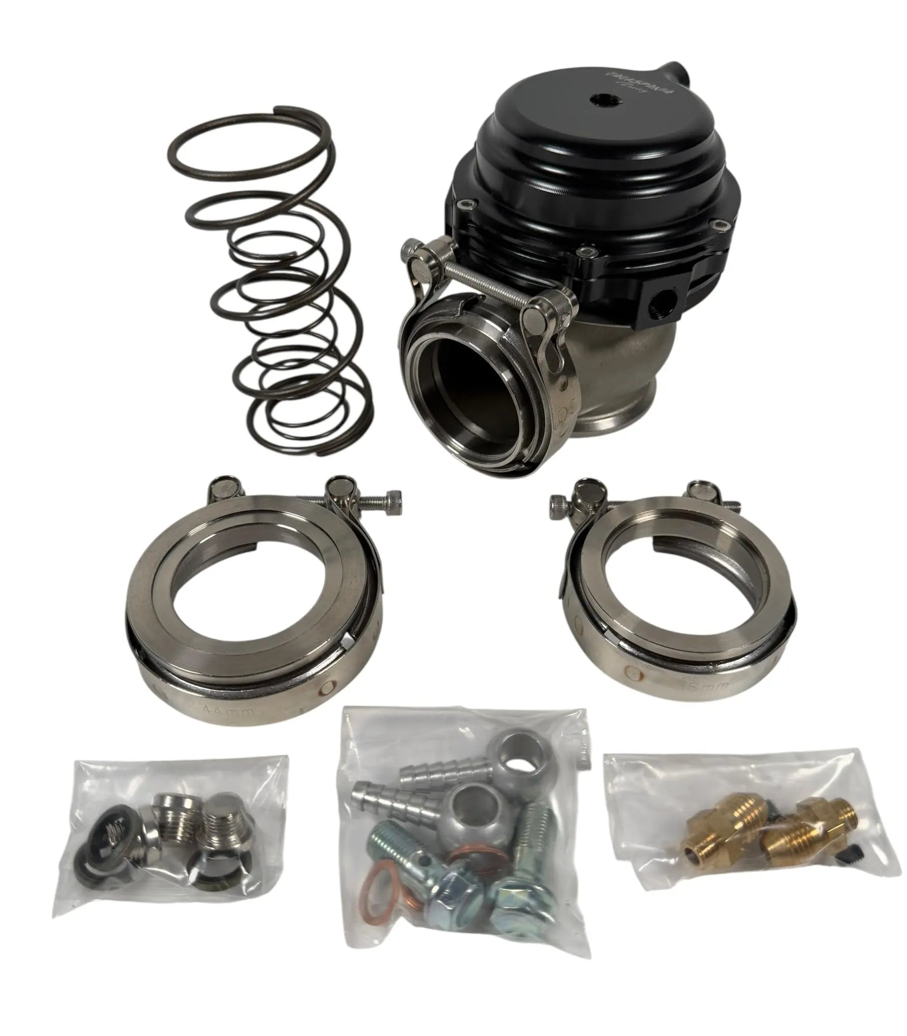 Jack Spania Racing 44mm external wastegate with MV-R V-band flange for turbochargers, engine parts for performance vehicles.