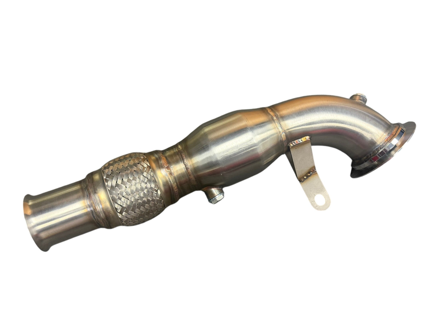 High flow catted downpipe for Ford Fiesta ST MK8 2018-2022, manufactured by JackSpania Racing, designed for exhaust performance.