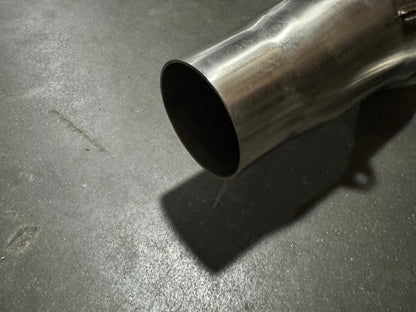 3-inch stainless steel downpipe for BMW S55 F80 F82 F87 M3 M4 F80 F82 F83 from JackSpania Racing, showing the exhaust pipe with flanges.