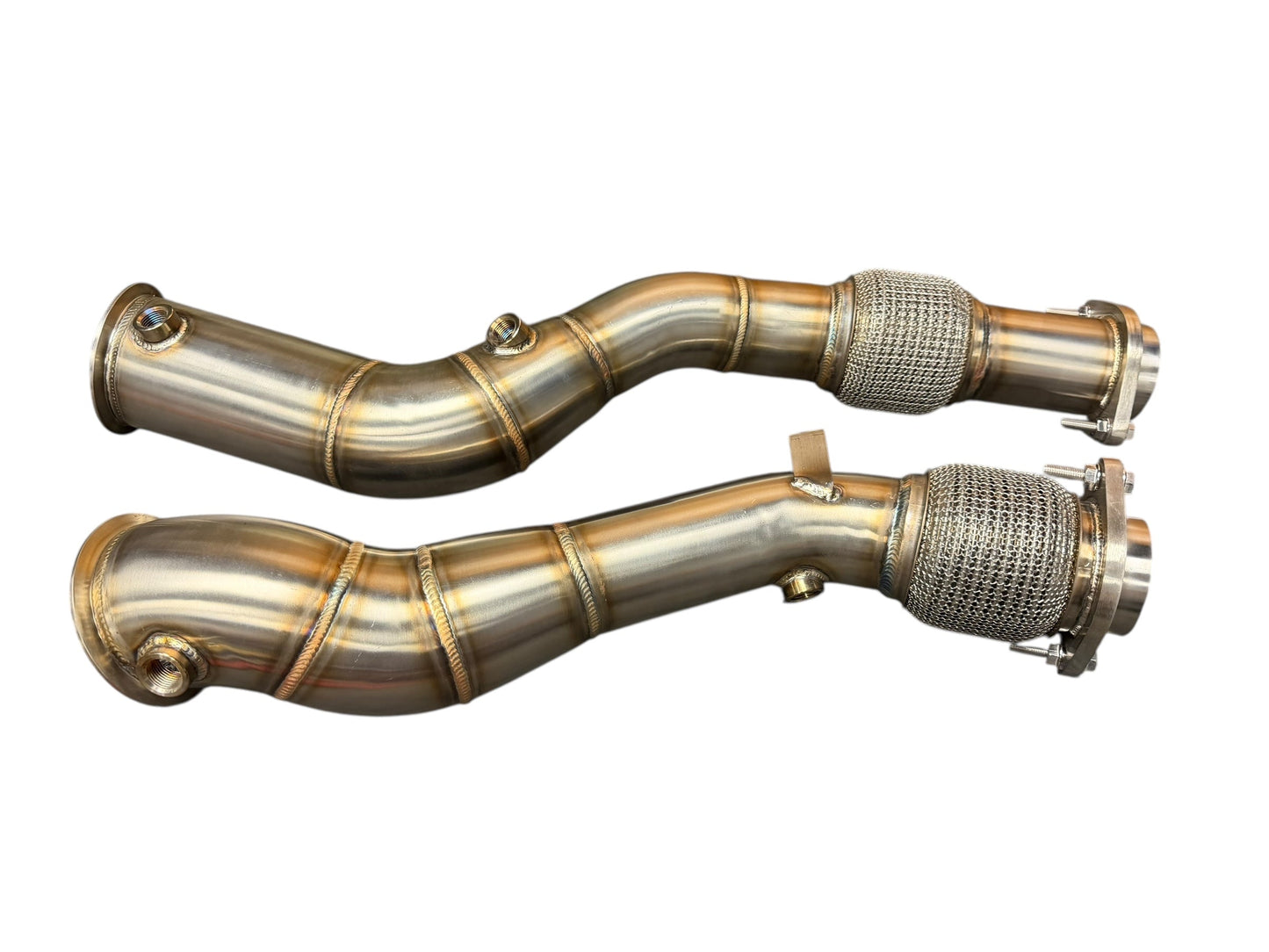Downpipe for 2019+ BMW F97 X3M and F98 X4M S58 3.0T exhaust parts by JackSpania Racing, showing the stainless steel pipe and connectors.
