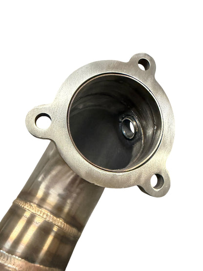 Mercedes-Benz W177 A-Class performance downpipe by JackSpania Racing, showing the sleek exhaust component for A220, A250, A35 AMG 2.0T models.