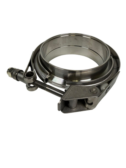 JackSpania Racing stainless steel V-band clamp with male and female flanges, available in 2.5 to 4-inch sizes for exhaust systems.