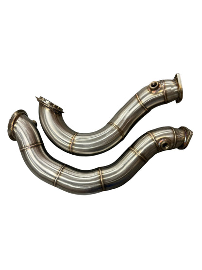 BMW N54 135i 335i E90 E92 stainless steel exhaust downpipe by JackSpania Racing, featuring 3-inch pipes for upgraded performance.