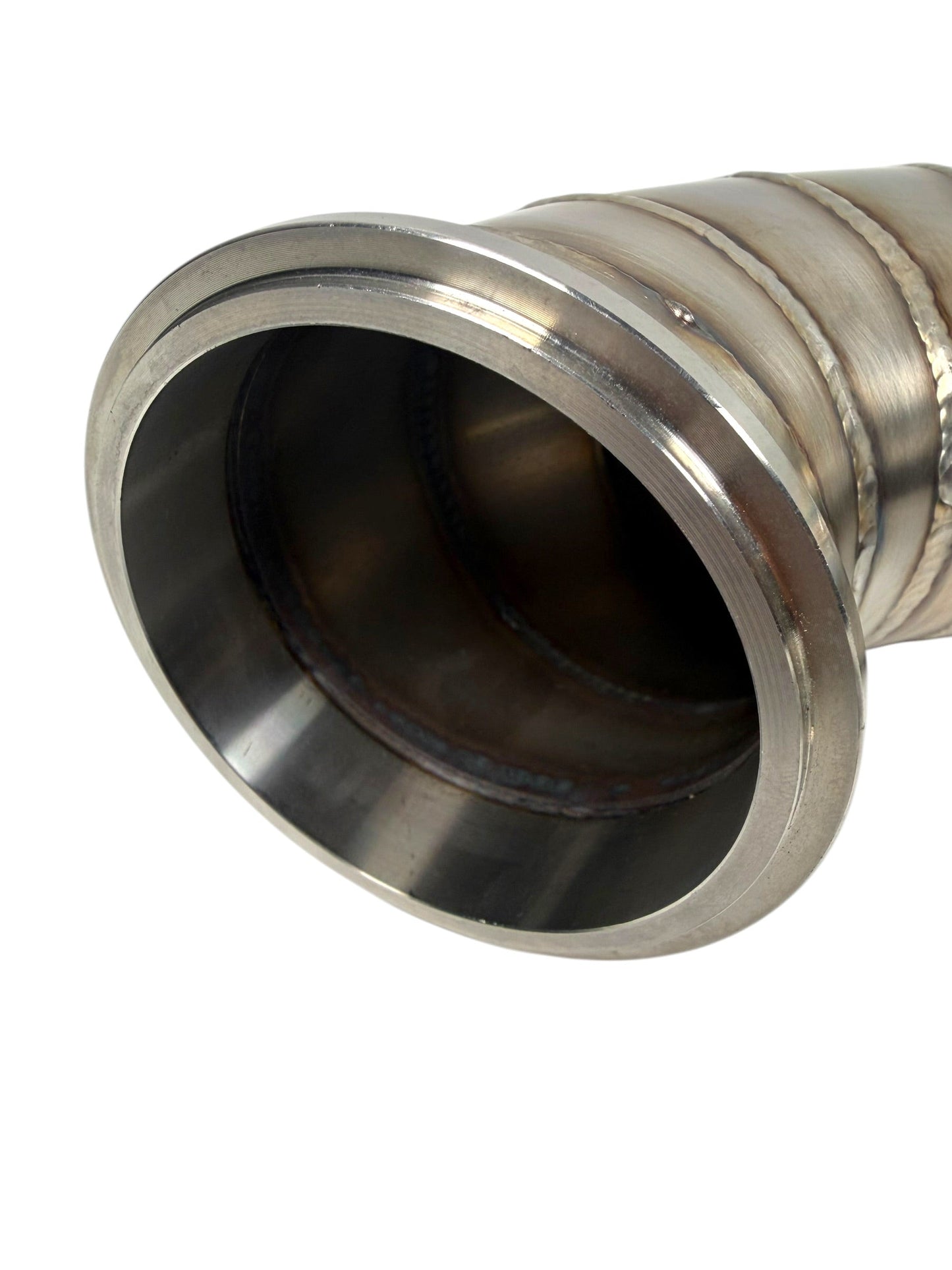 JackSpania Racing 3-inch downpipe with V-band turbo flange and O2 bung, designed for exhaust systems and turbochargers.