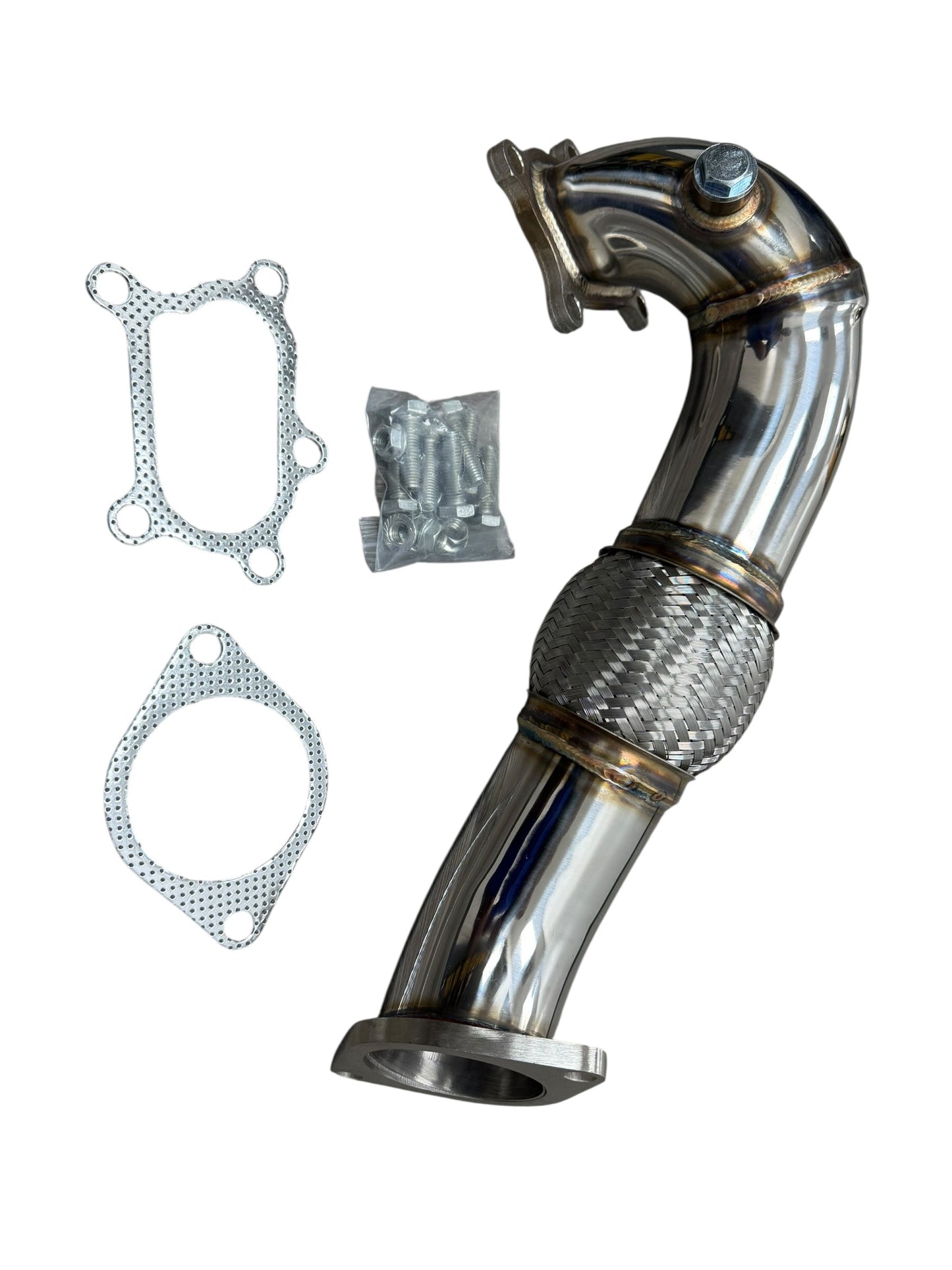 JackSpania Racing 3-inch catless exhaust downpipe for Mazda 3 Speed3 2.3L turbocharged engine, showing the metal pipe with flange.