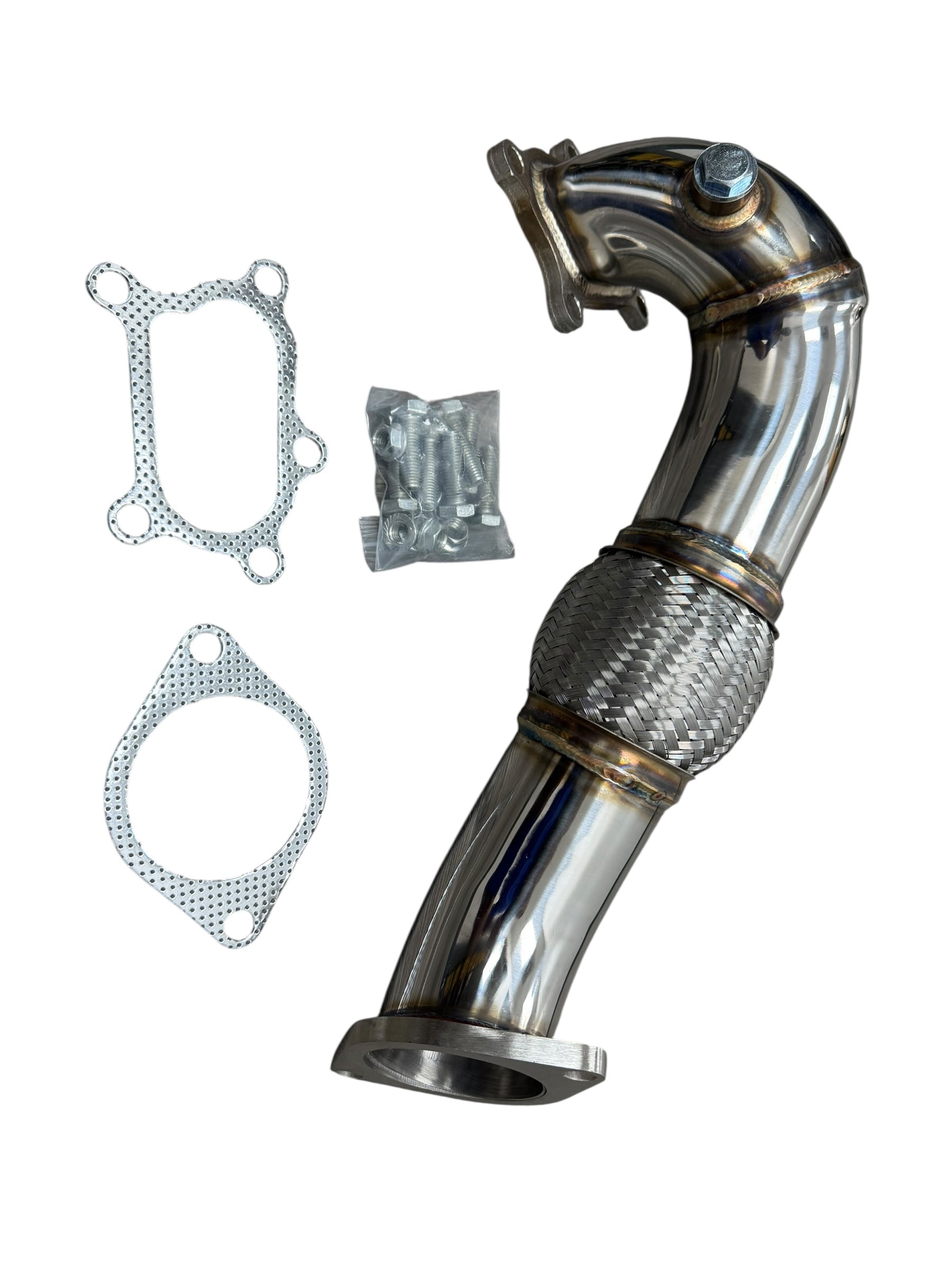 JackSpania Racing 3-inch catless exhaust downpipe for Mazda 3 Speed3 2.3L turbocharged engine, showing the metal pipe with flange.