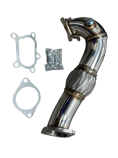 JackSpania Racing 3-inch catless exhaust downpipe for Mazda 3 Speed3 2.3L turbocharged engine, showing the metal pipe with flange.