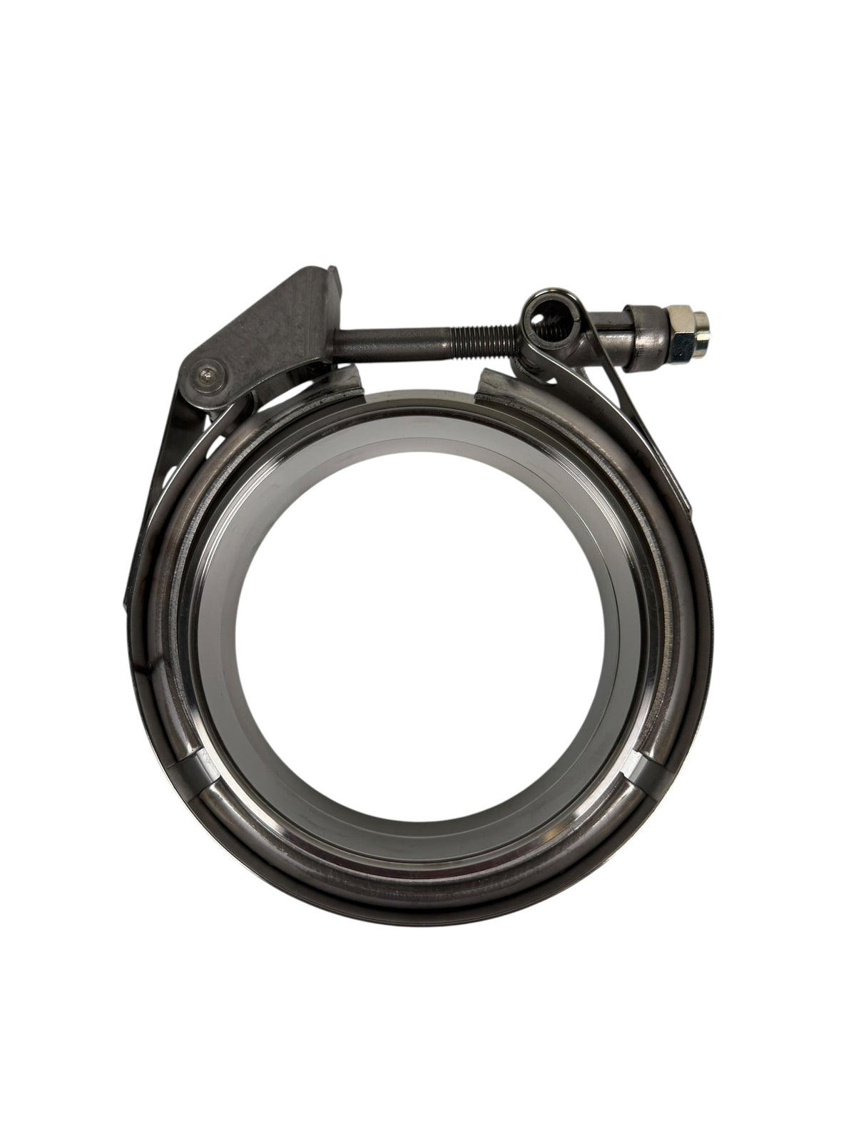 Stainless steel JackSpania Racing V-band clamp with male and female flanges in 2.5 to 4 inch sizes for exhaust systems.