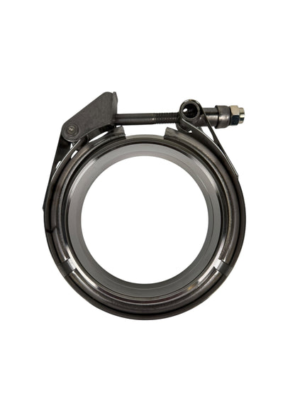 Stainless steel JackSpania Racing V-band clamp with male and female flanges in 2.5 to 4 inch sizes for exhaust systems.