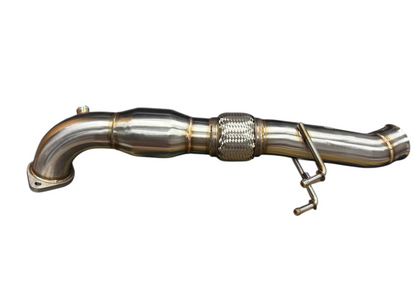 Ford Focus RS high flow catted downpipe from JackSpania Racing, showing metallic exhaust pipe with flanges and catalytic converter section.