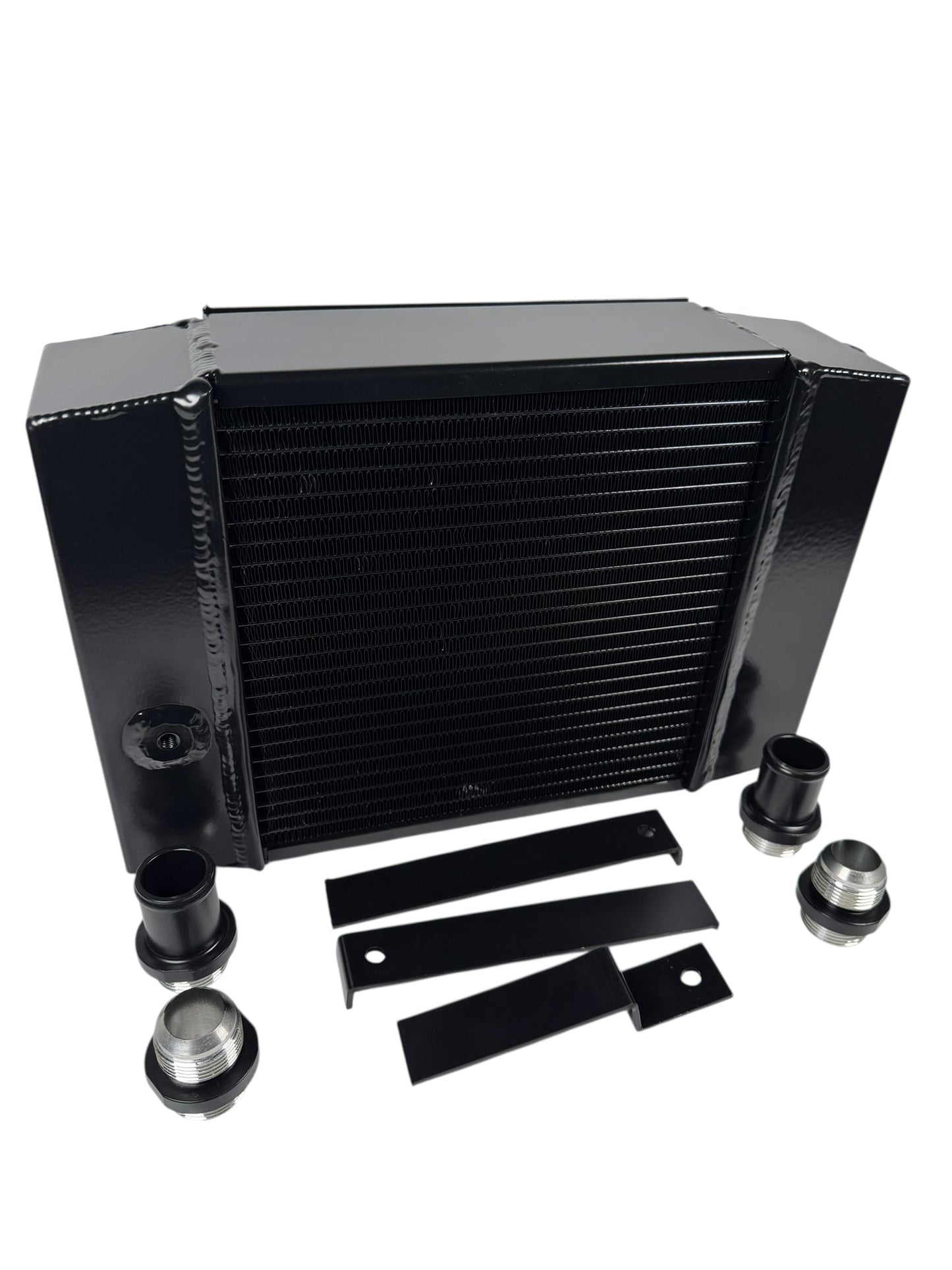 JackSpania Racing half size compact drag coolant radiator with 16AN fittings and 4-row core, designed for engine cooling applications.