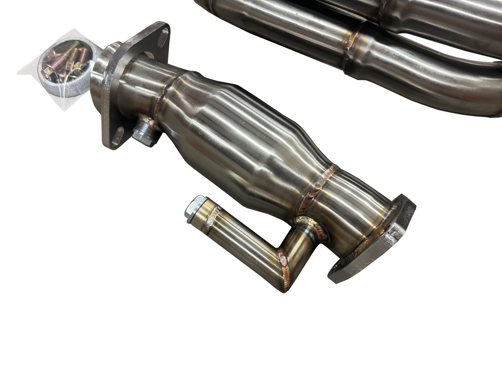 JackSpania Racing K Series header for Honda CR-V RD4 2002-2006 K24 engine, catted exhaust part, front view showing metal construction