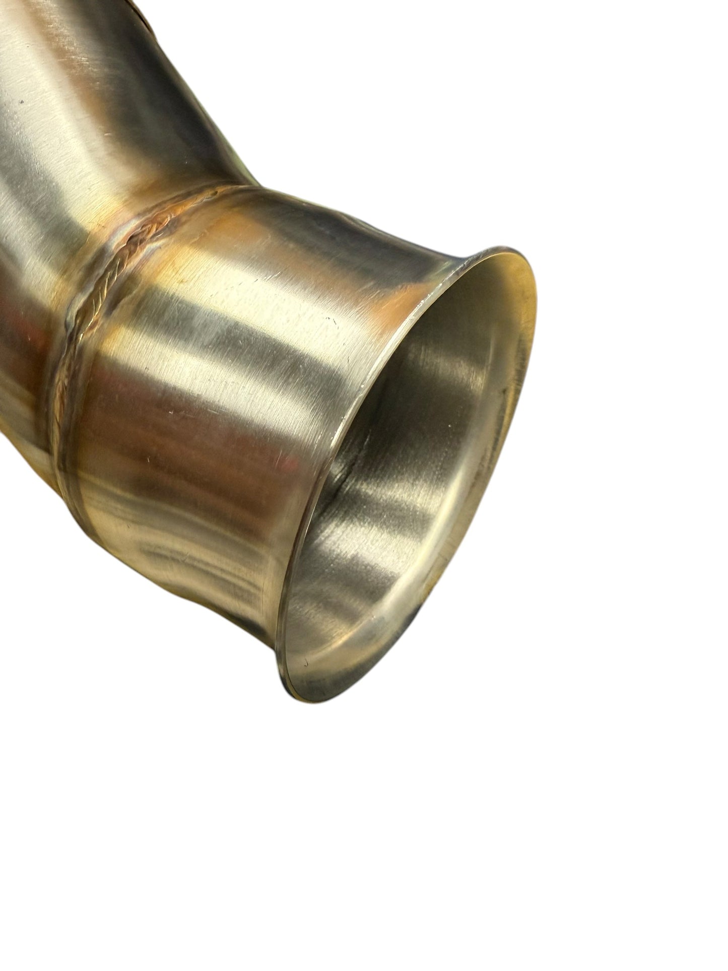 Ford Focus RS high flow catted downpipe by JackSpania Racing, showing the stainless steel exhaust down pipe with catalytic converter.
